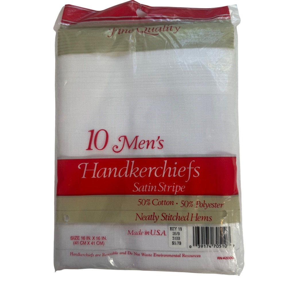 Fine Quality Handkerchiefs 16x16 10 Pack Satin Stripe White Cotton Blend Classic